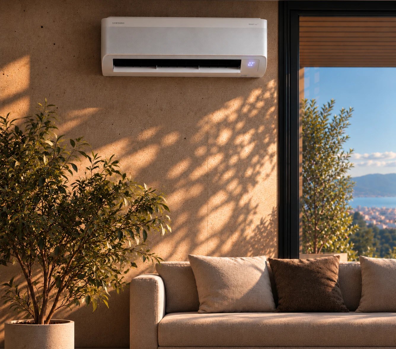 Climatisation murale installée dans un salon avec vue sur la mer