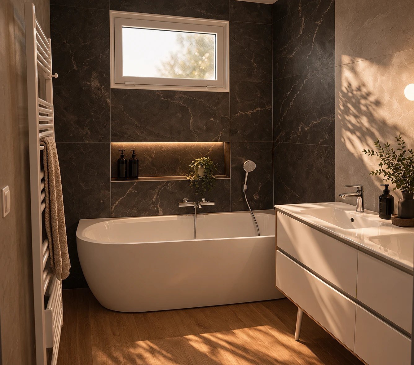 Salle de bain rénovée avec baignoire, niche lumineuse et double vasque